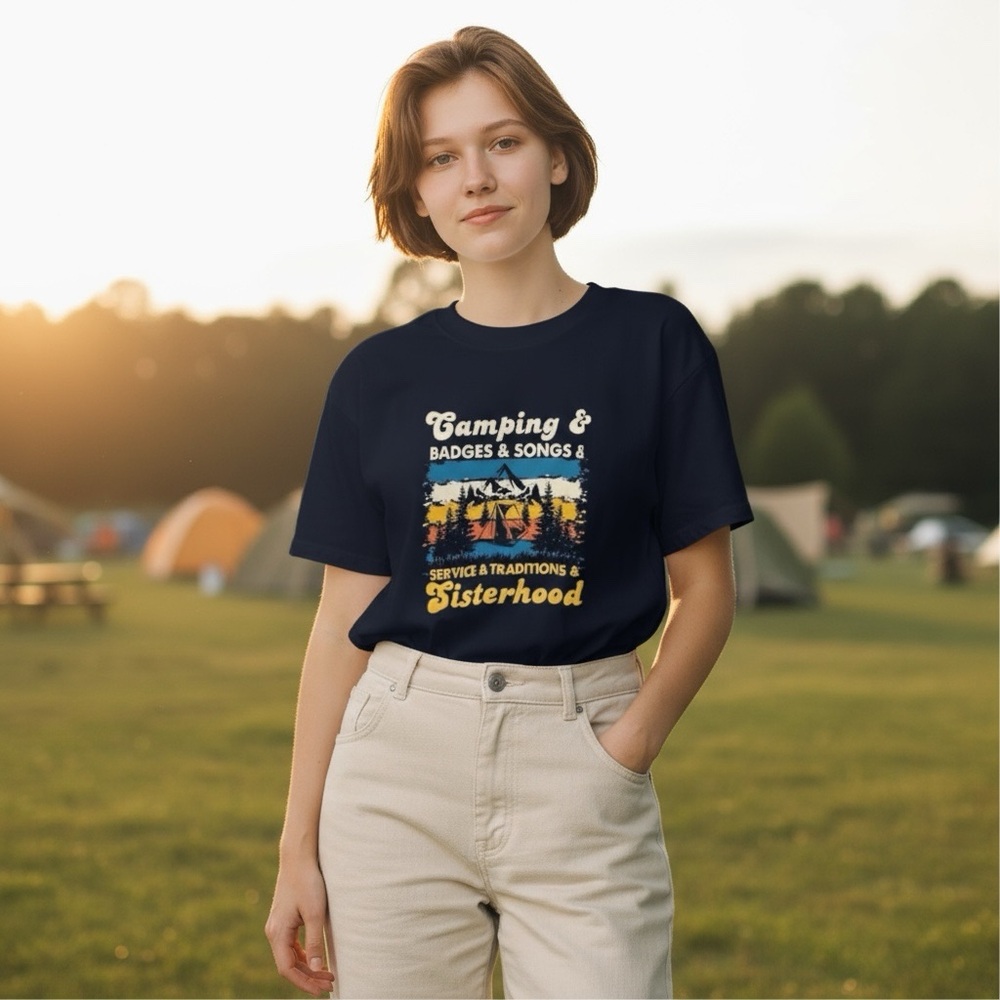 Girl Scouts Blue Camping Badges Traditions Sisterhood Tee - Picture 2 of 4